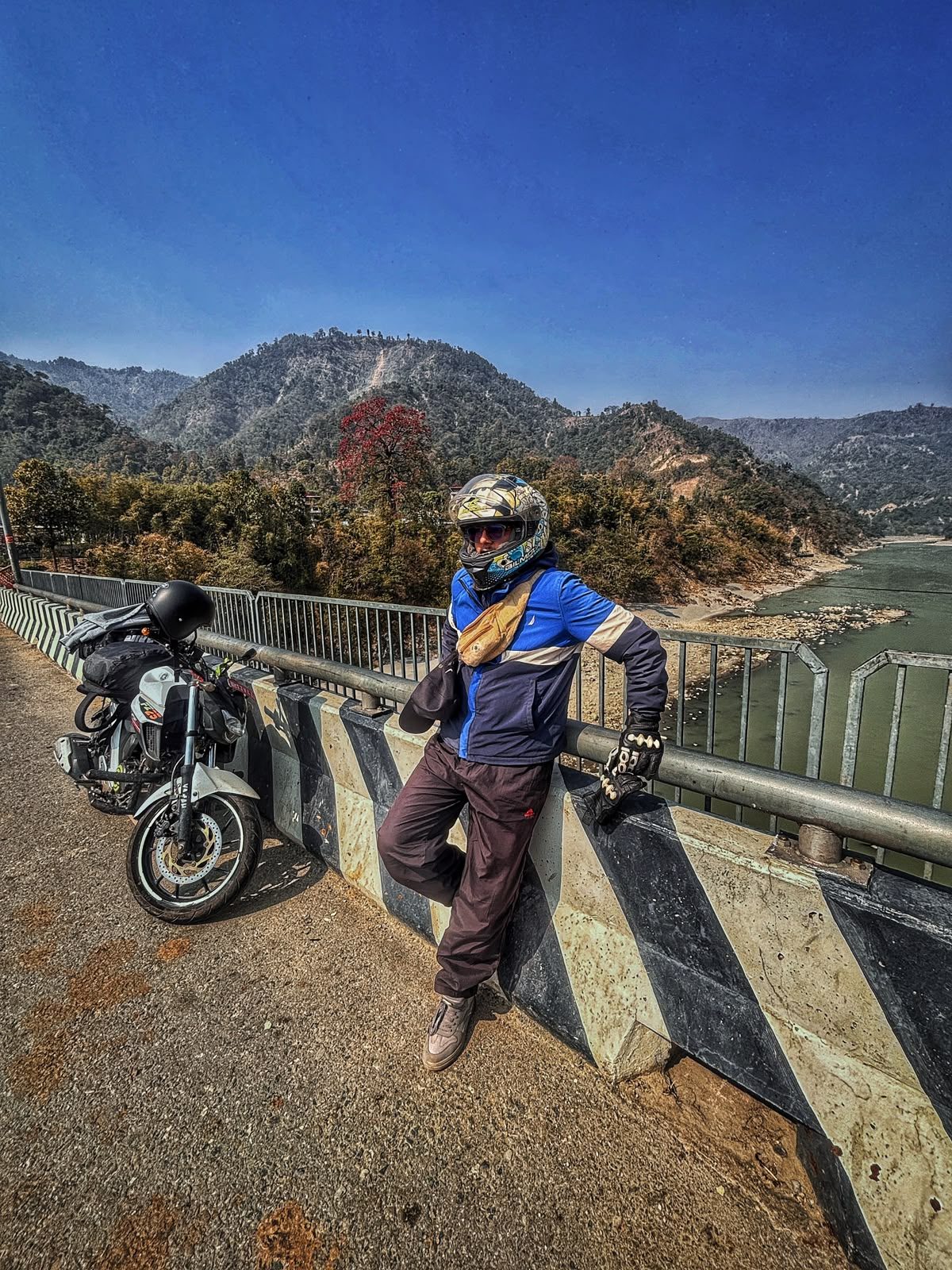 Motorcycle ride over the Koshi bridge at Chatara